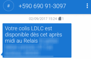 SMS "Votre colis LDLC est disponible dès cet après-midi au Relais"