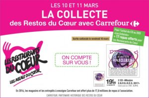Encart "Collecte Restos du Coeur", catalogue Carrefour du 7 au 13 mars 2017, page 19