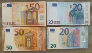 Recto billets de 50 et 20 euros, en bas, série "Europe"