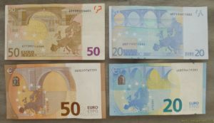 Verso billets de 50 et 20 euros, en bas, série "Europe"