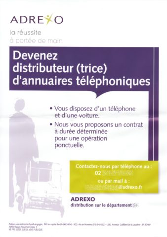 Prospectus ADREXO : “Devenez distributeur (trice) d’annuaires téléphoniques”