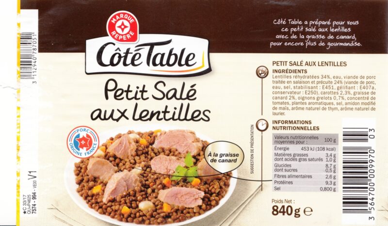 Petit Salé aux lentilles Marque Repère “Côté Table” (Leclerc) EAN 3 564700 009970 03, étiquette 1/2