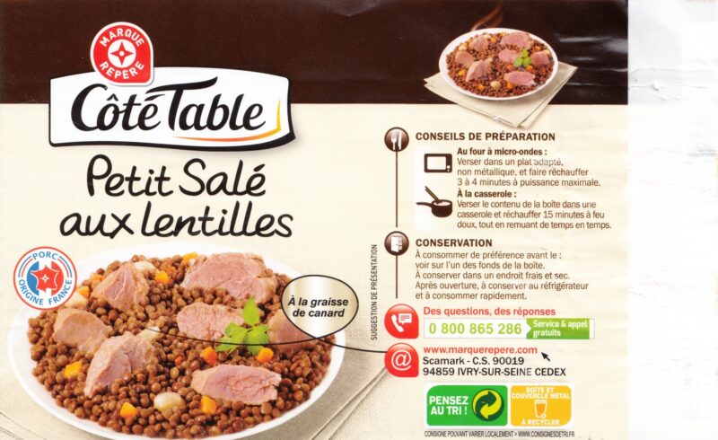 Petit Salé aux lentilles Marque Repère “Côté Table” (Leclerc) EAN 3 564700 009970 03, étiquette 2/2