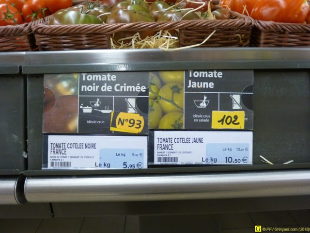 Au U Express, prix prix des tomates côtelées noires ("Crimée") et jaunes ("ananas")