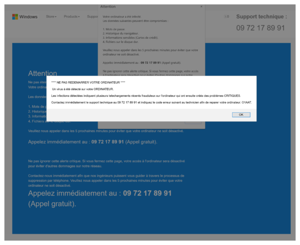 Écran d'alerte (escroquerie) "NE PAS REDEMARRER VOTRE ORDINATEUR"