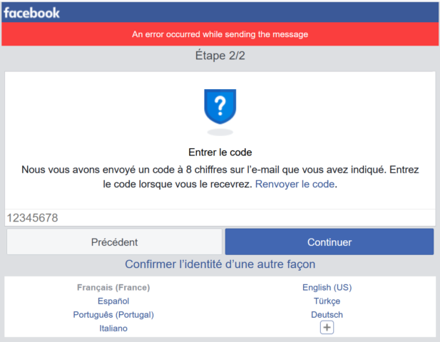 Facebook - Entrer le code — Capture d'écran 22/04/2020