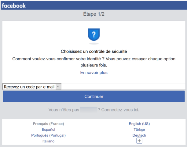 Facebook - Recevez un code par mail — Capture d'écran 22/04/2020