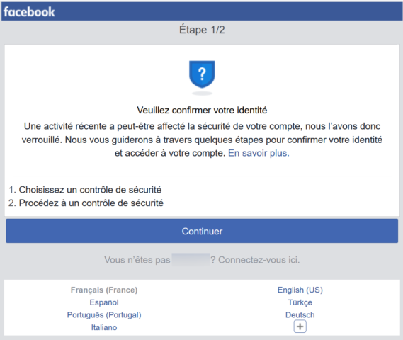 Facebook - Veuillez confirmer votre identité — Capture d'écran 22/04/2020