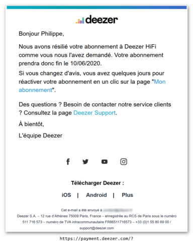 Deezer - Mail de confirmation de résiliation - 21/05/2020-11h38