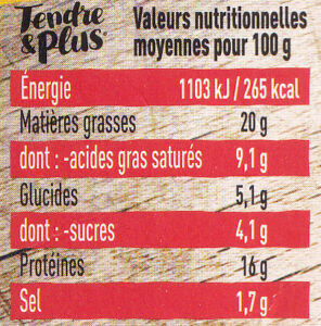Tendre & Plus — Ribs bœuf — Valeurs nutritionnelles moyennes pour 100 g