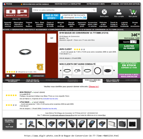 Bague d'adaptation B+W 77/72 mm sur le site de Digit-Photo — Capture par PF,  12/09/2020-AM