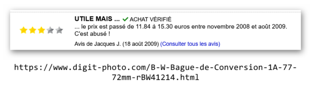 Commentaire bague d'adaptation B+W 77/72 mm sur le site de Digit-Photo — Capture par PF,  12/09/2020-AM