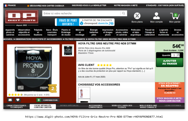 Filtre Hoya ND8 Pro, Ø77 mm sur le site de Digit-Photo — Capture par PF, 12/09/2020-AM