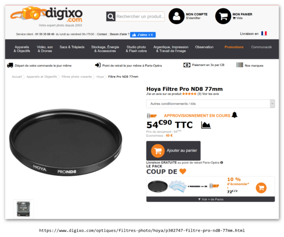 Filtre Hoya ND8 Pro, Ø77 mm sur le site de Digixo — Capture par PF,  12/09/2020-AM