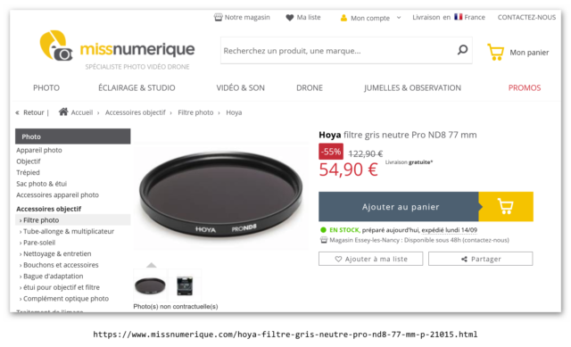 Filtre Hoya ND8 Pro, Ø77 mm sur le site de Miss Numérique — Capture par PF,  12/09/2020-AM