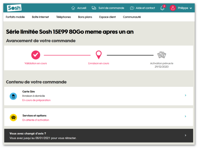 Suivi portage/commande chez Sosh —  Capture 16/12/2020-13h00