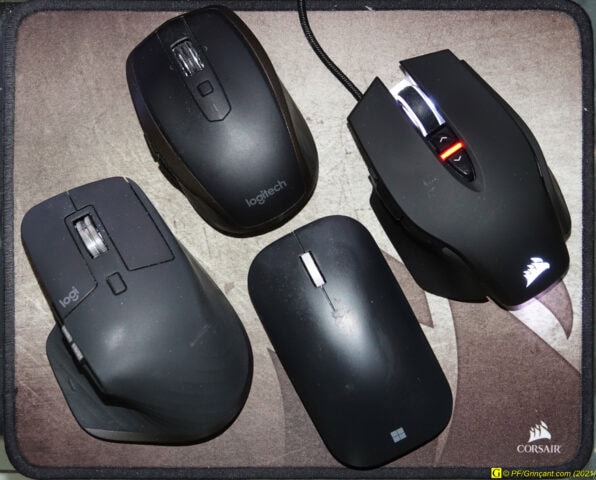 Mes 4 souris : 2 Logitech, 1 Microsoft, et une Corsair filaire