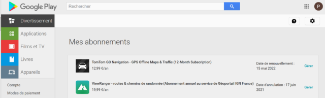 Renouvellement abonnement au 17/06/2021 annulé par ViewRanger le 18/05/2021