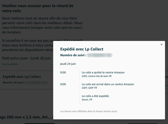 Amason : "Expédié avec LP Collect", mais bloqué à Gidy