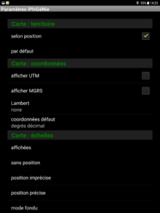 iPhiGéNie sur tablette Androïd, Menu "Paramètres" (page 1)