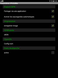 iPhiGéNie sur tablette Androïd, Menu "Paramètres" (page 5)