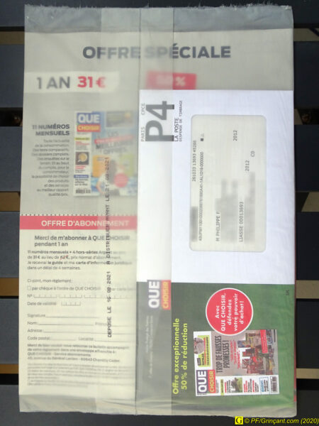 Pli publicitaire non sollicité QUE CHOISIR (verso) — Août 2021