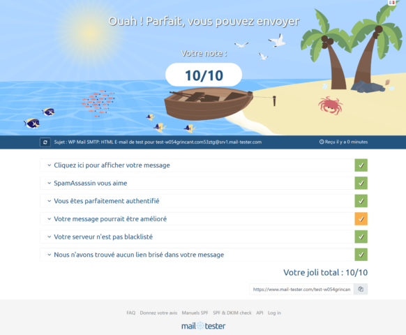 Résultat analyse mail-tester.com pour les mails Grincant.com —  09/09/2021--AM