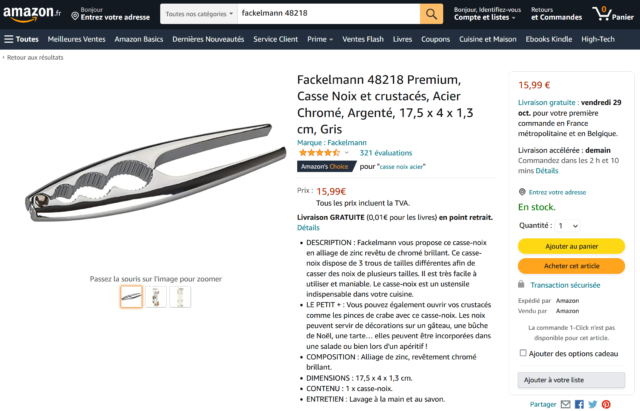 Amazon.fr — Casse-noix Fackelmann Premium à 15,99 € — Capture 25/10/2021-PM