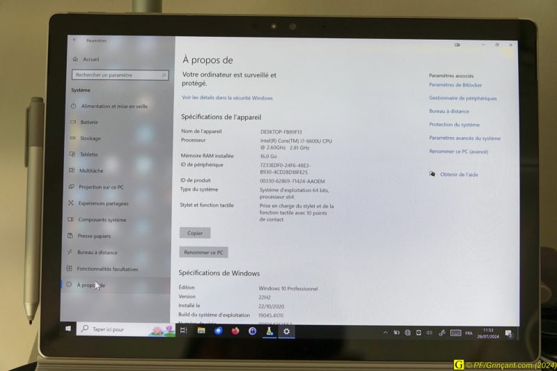 Microsoft Surface Book Gen 1 - À propos Windows 10/Configuration