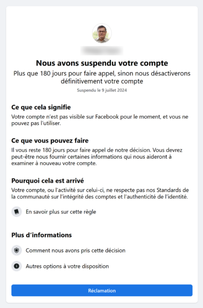 Facebook : "Nous avons suspendu votre compte"