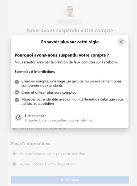Facebook : "En savoir plus sur cette règle"