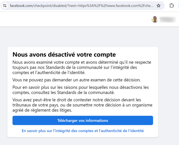 Facebook : "Nous avons désactivé votre compte"