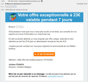 Mail de Que Choisir pour réabonnement