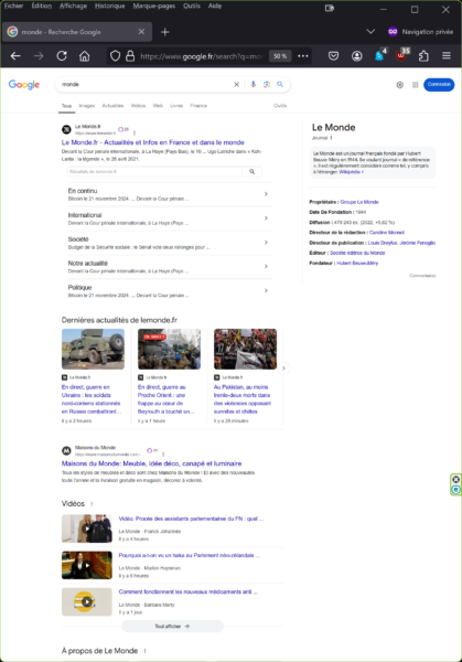 Résultats recherche Google du mot "monde" (23/11/2024-11h30)