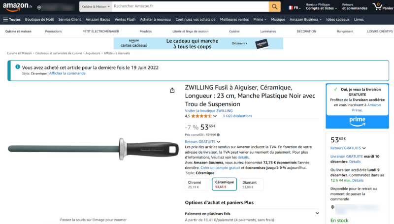Amazon.fr : Fusil aiguiseur céramioque Zwilling (07/12/2024-AM)