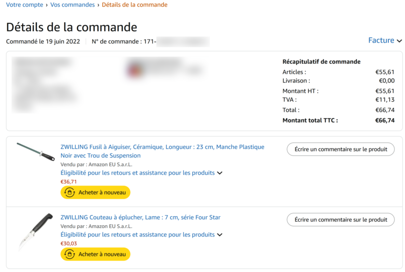 Amazon.fr : Détail de ma commande du 19/06/2022