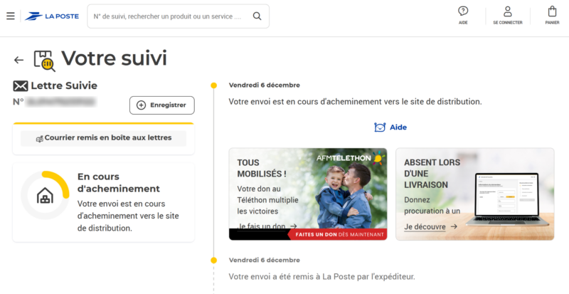 Suivi La Poste (07/12/2024-11h14) : Envoi remis & En cours d'acheminement Suivi La Poste (07/12/2024-11h14) : Envoi remis & En cours d'acheminement