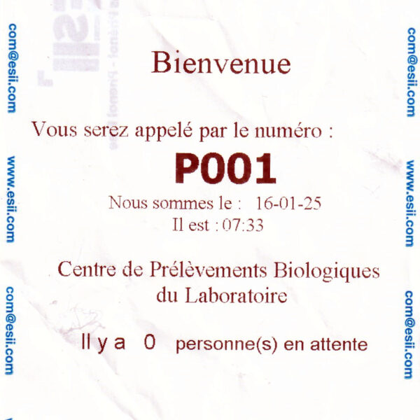 Ticket P001 du centre de prélèvement Ticket P001 du centre de prélèvement