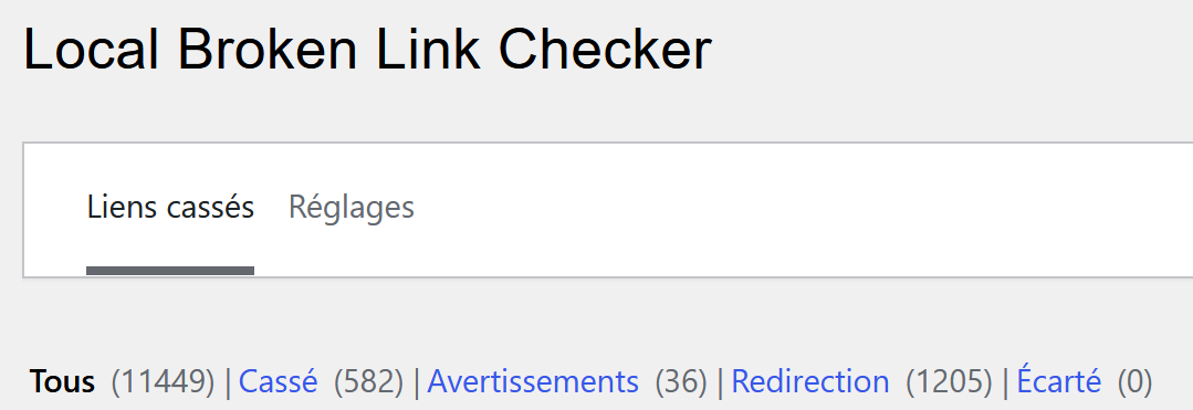 En-tête tableau de bord Broken Link Checker de Grinçant.com (10/07/2026-14h00)